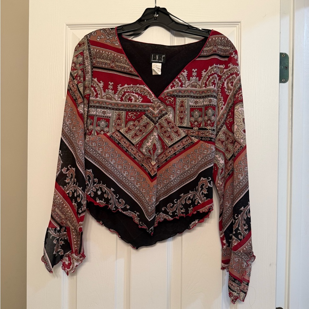 INC International Concepts Red Paisley V-Neck Top